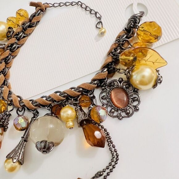 Art Glass Dangle Charm Bracelet Faux Pearl Leather Rhinestone Dangle Earth Tone - Picture 10 of 13